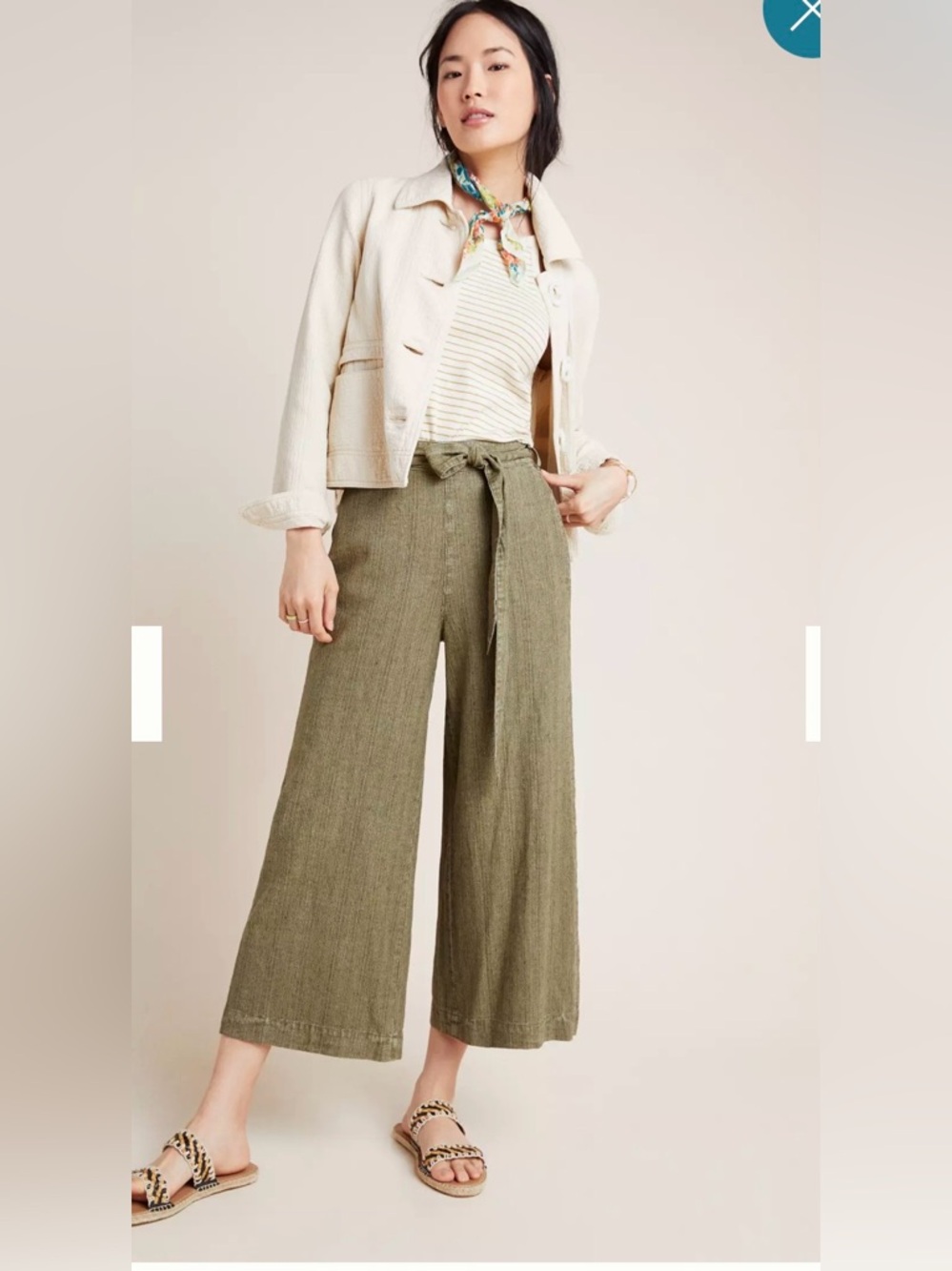 Anthropologie Cotton Linen Blend High-Rise Olive Wide-Leg Cropped Pants Size XS